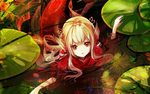 Preview wallpaper girl, water, leaves, fantasy, anime, art