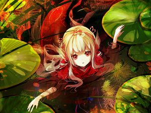 Preview wallpaper girl, water, leaves, fantasy, anime, art