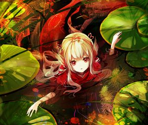 Preview wallpaper girl, water, leaves, fantasy, anime, art