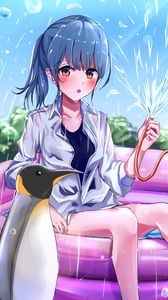 Preview wallpaper girl, water, penguin, anime