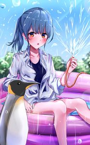 Preview wallpaper girl, water, penguin, anime