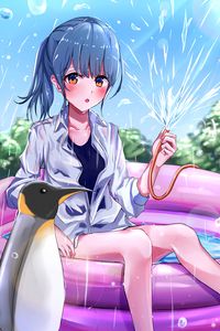 Preview wallpaper girl, water, penguin, anime