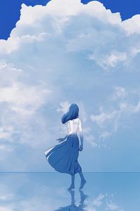 Preview wallpaper girl, water, reflection, clouds, anime, art, blue