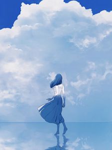 Preview wallpaper girl, water, reflection, clouds, anime, art, blue