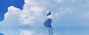 Preview wallpaper girl, water, reflection, clouds, anime, art, blue