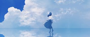 Preview wallpaper girl, water, reflection, clouds, anime, art, blue