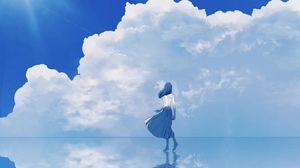 Preview wallpaper girl, water, reflection, clouds, anime, art, blue