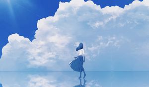 Preview wallpaper girl, water, reflection, clouds, anime, art, blue