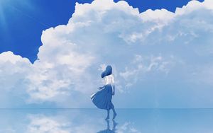 Preview wallpaper girl, water, reflection, clouds, anime, art, blue