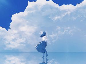 Preview wallpaper girl, water, reflection, clouds, anime, art, blue