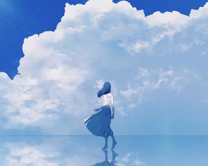 Preview wallpaper girl, water, reflection, clouds, anime, art, blue