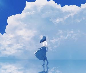 Preview wallpaper girl, water, reflection, clouds, anime, art, blue