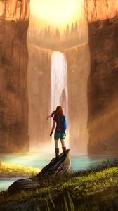 Preview wallpaper girl, waterfall, rocks, travel, art