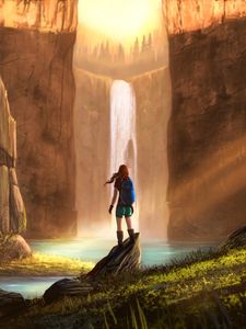 Preview wallpaper girl, waterfall, rocks, travel, art