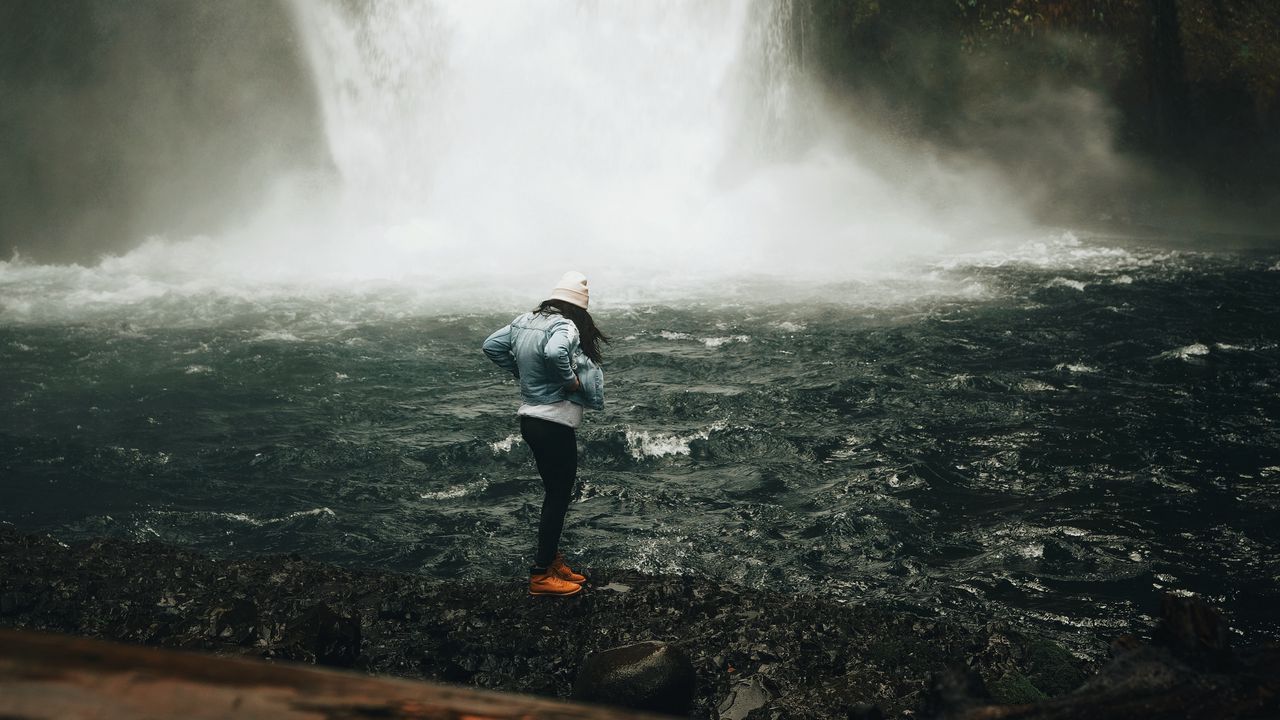 Wallpaper girl, waterfall, shore, alone, nature