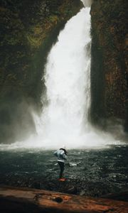 Preview wallpaper girl, waterfall, shore, alone, nature