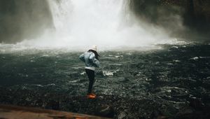Preview wallpaper girl, waterfall, shore, alone, nature
