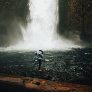 Preview wallpaper girl, waterfall, shore, alone, nature