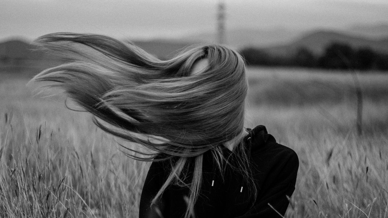 Wallpaper girl, wind, hair, bw