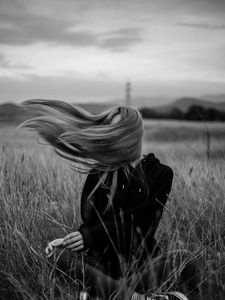 Preview wallpaper girl, wind, hair, bw