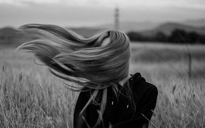 Preview wallpaper girl, wind, hair, bw