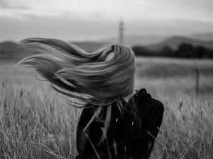 Preview wallpaper girl, wind, hair, bw