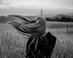 Preview wallpaper girl, wind, hair, bw