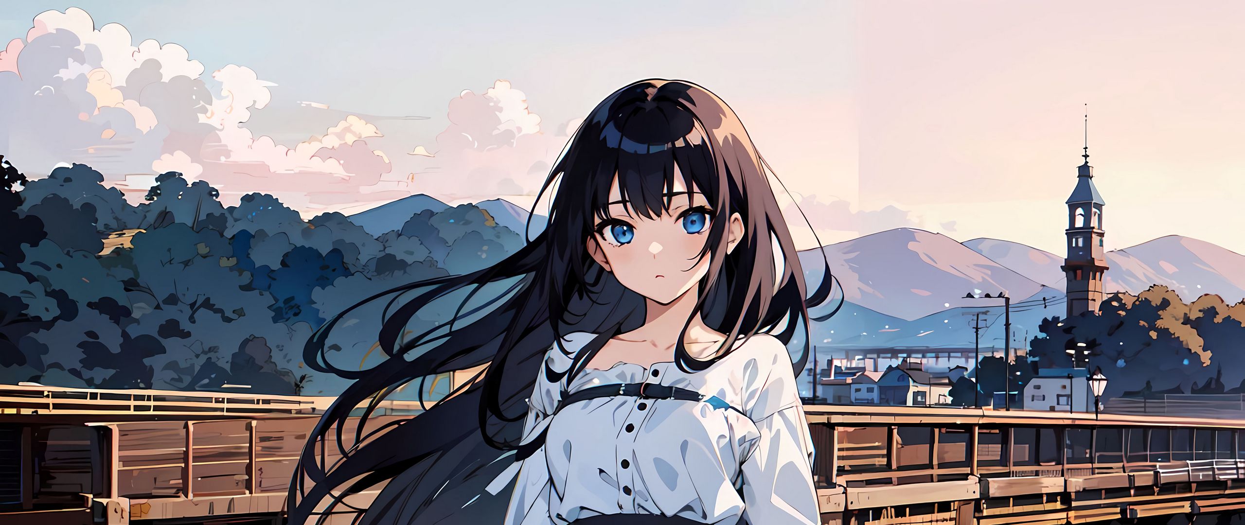 Download wallpaper 2560x1080 girl, wind, pier, anime, sea dual wide ...