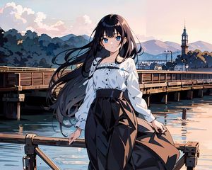 Preview wallpaper girl, wind, pier, anime, sea