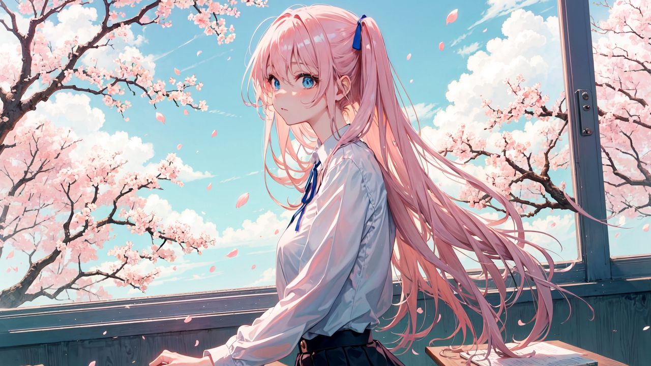 Wallpaper girl, wind, sakura, petals, anime