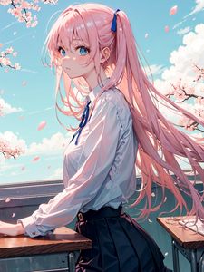 Preview wallpaper girl, wind, sakura, petals, anime