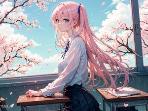 Preview wallpaper girl, wind, sakura, petals, anime