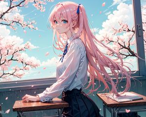 Preview wallpaper girl, wind, sakura, petals, anime