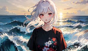 Preview wallpaper girl, wind, sea, waves, anime