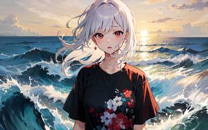 Preview wallpaper girl, wind, sea, waves, anime