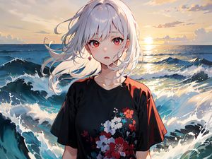 Preview wallpaper girl, wind, sea, waves, anime