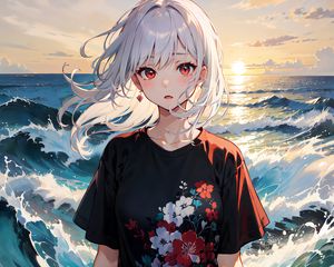 Preview wallpaper girl, wind, sea, waves, anime