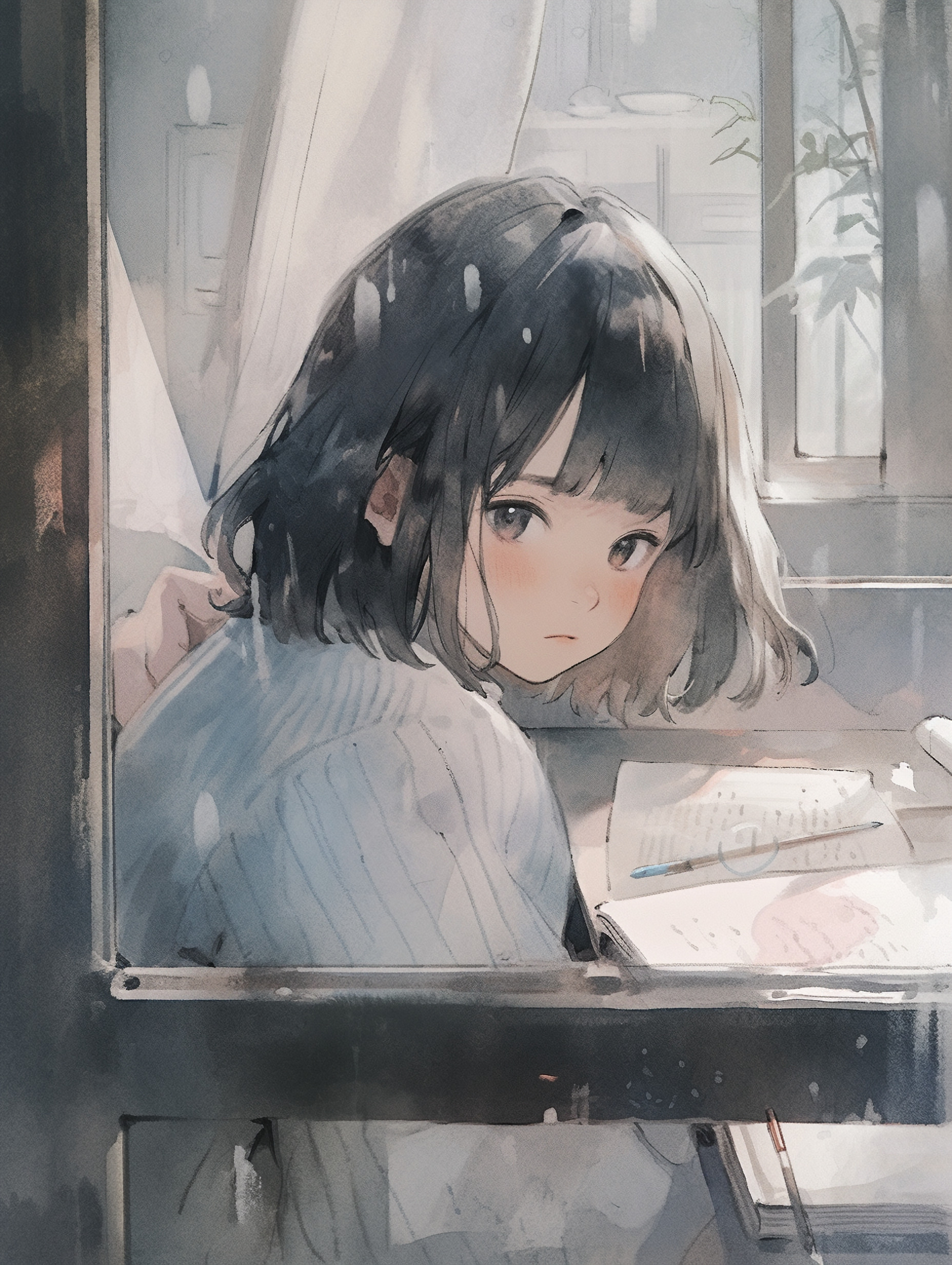 Download wallpaper 1856x2464 girl, window, book, anime hd background