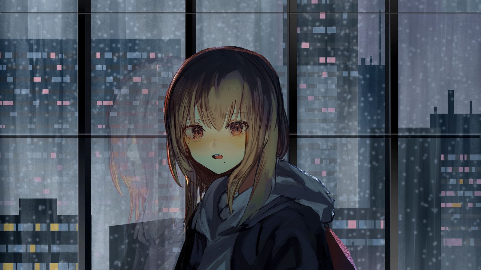 Download wallpaper 1600x900 girl, window, buildings, city, view, anime