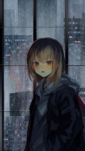 Preview wallpaper girl, window, buildings, city, view, anime