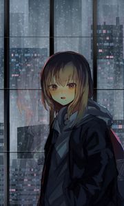 Preview wallpaper girl, window, buildings, city, view, anime