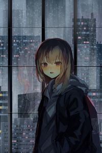 Preview wallpaper girl, window, buildings, city, view, anime