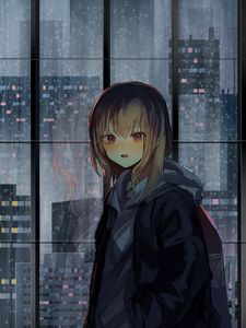 Preview wallpaper girl, window, buildings, city, view, anime