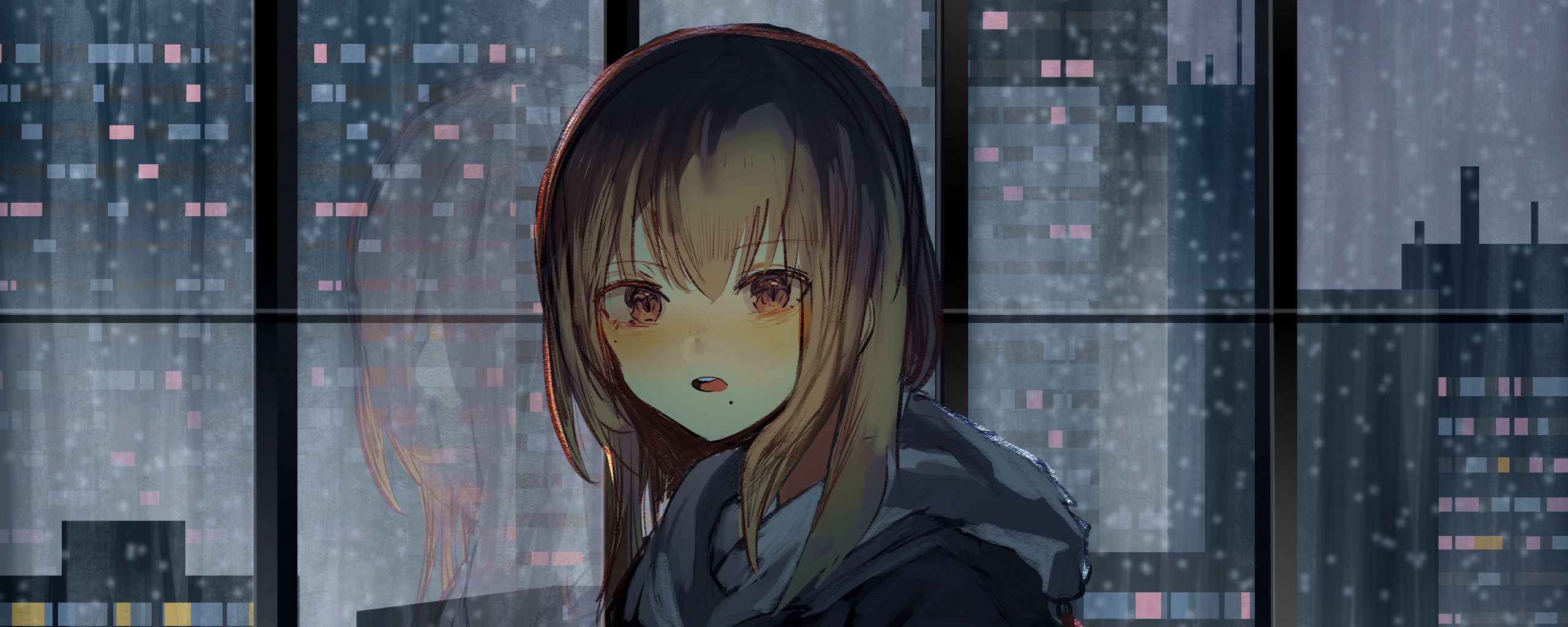 Download wallpaper 2560x1024 girl, window, buildings, city, view, anime