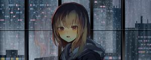 Preview wallpaper girl, window, buildings, city, view, anime