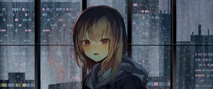 Preview wallpaper girl, window, buildings, city, view, anime