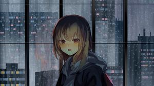 Preview wallpaper girl, window, buildings, city, view, anime