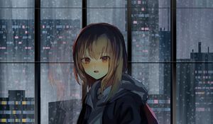 Preview wallpaper girl, window, buildings, city, view, anime