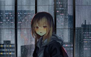 Preview wallpaper girl, window, buildings, city, view, anime