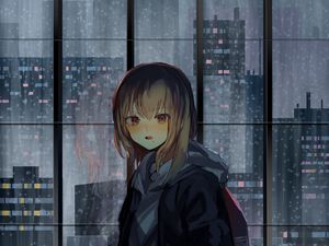 Preview wallpaper girl, window, buildings, city, view, anime